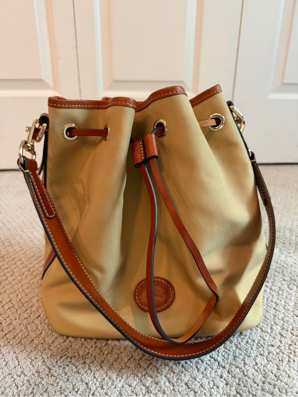 Dooney & Bourke Tan Nylon Drawstring Bucket Bag with Brown Leather Trim